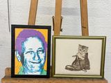 a picture of a cat and a picture of a man on an easel