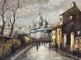 painting of people walking down a street in front of a church