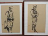 two framed drawings of a man and a woman standing next to each other