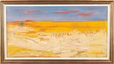 un tableau représentant un champ jaune avec un ciel bleu en arrière-plan