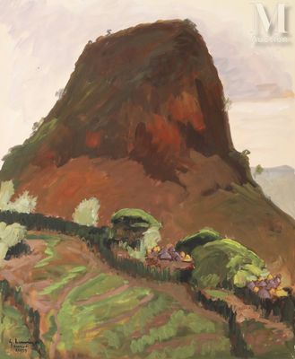 une image représentant un tableau d'une montagne avec des arbres