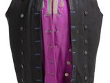 a black vest with a purple shirt underneath it