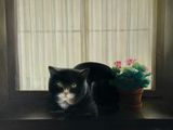 tableau représentant un chat noir assis sur le rebord d'une fenêtre, à côté d'une plante en pot