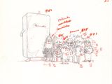 dessin représentant un groupe de personnes debout devant un réfrigérateur