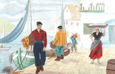 a painting of a man and a woman walking on a dock