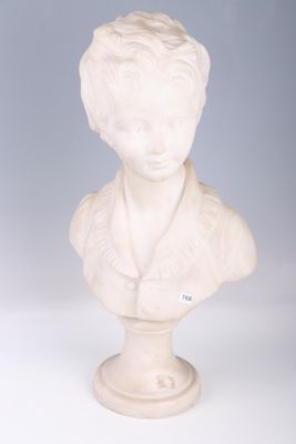 white marble bust of a boy with a collared shirt on a pedestal