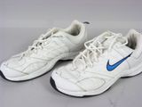 une paire de baskets blanches avec des semelles bleues et noires sur une tige blanche