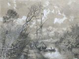 drawing of a river scene with a boat and people on it