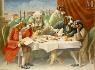 tableau représentant un groupe de chiens assis autour d'une table en train de manger