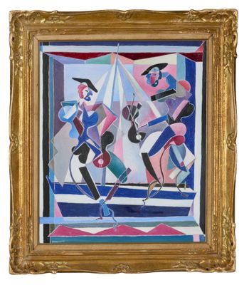 un tableau représentant deux femmes à cheval et un homme à cheval