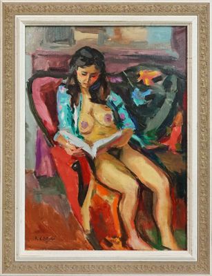 une peinture à l'huile représentant une femme assise sur une chaise en train de lire un livre