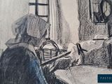 a drawing of a woman sitting at a desk