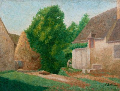 tableau représentant une maison et un arbre dans un champ, avec un banc au premier plan
