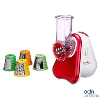 a picture of a red and white kitchen garnisher and four different graters