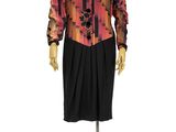 an image of a mannequin wearing a dress with a red and black design