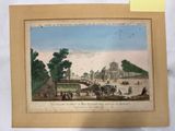 une vieille photo représentant un tableau où l'on voit des gens sur un pont