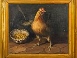 an oil painting of a chicken and a bowl of corn on a table