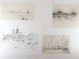 four drawings of a city and a boat on a body of water