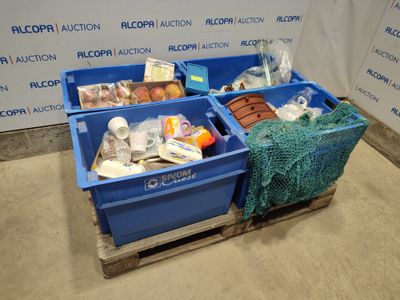 two blue bins with food in them on a pallet