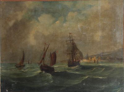 an image of a painting of ships in a body of water
