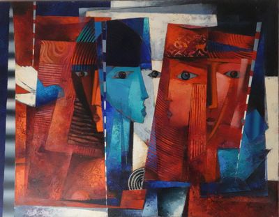 peinture abstraite représentant un groupe de personnes portant des chapeaux