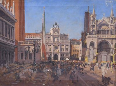 un tableau représentant une place de ville bondée de monde