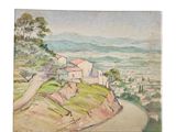 an image of a watercolor painting of a village on a hill