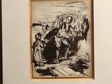 un dessin en noir et blanc représentant un homme à cheval et une femme à cheval