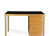 a wooden desk with drawers and a black top