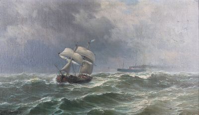 tableau représentant un voilier sur une mer agitée, avec un navire en arrière-plan