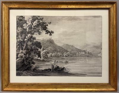 un dessin représentant un paysage avec une rivière et des montagnes en arrière-plan