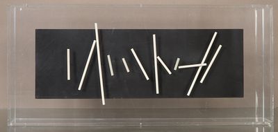 a close up of a display case with sticks in it