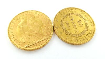 deux pièces d'or sur lesquelles figurent respectivement l'effigie d'une femme et celle d'un homme