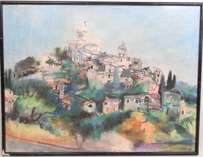 an oil painting of a village on a hill with a church on top