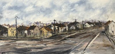 une peinture représentant une rue avec des maisons en arrière-plan