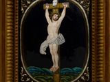 an image of a painting of jesus on the cross in a gold frame
