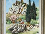 an oil painting of a man herding sheep in a mountainous landscape