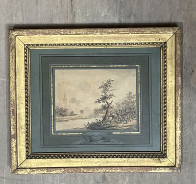 painting on the wall of a room with a picture of a man riding a horse