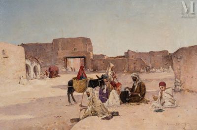 une image représentant un tableau où l'on voit un groupe de personnes dans le désert