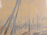 a drawing of a sailboat in a harbor