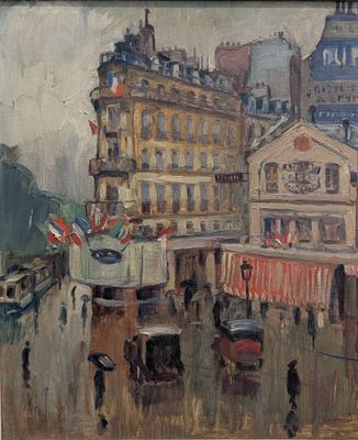 une peinture à l'huile représentant une scène de rue en ville, avec des personnages et des bâtiments