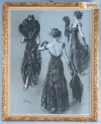 tableau représentant trois femmes en robe de soirée, dans un cadre doré