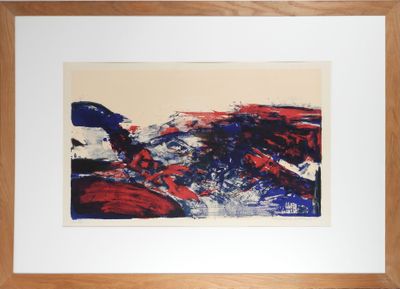 painting of a red, white, and blue abstract painting in a wooden frame