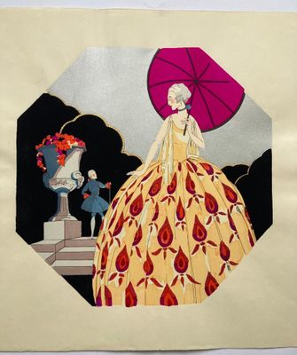 un dessin représentant une femme en robe jaune avec un parapluie rose