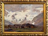painting of a mountain scene with cattle grazing in the foreground and snow capped mountains in the background