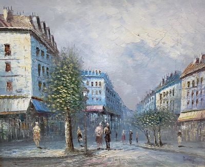 painting of a city street scene with people walking down the street