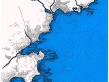 une image représentant une carte bleue et blanche de la côte californienne