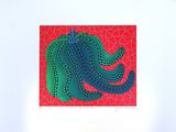 une photo d'un tableau représentant un éléphant sur fond rouge