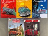 four books on a table with a picture of a woman and a car in the background