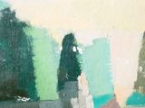 a painting of a woman sitting on a bench in a park